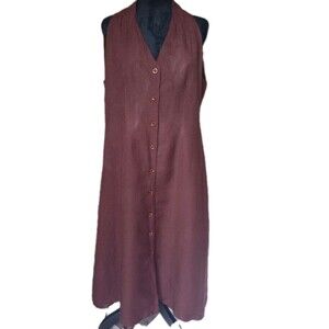 Dressbarn Women's 12 Brown Full Button Front Linen Blend Midi Dress , Vtg